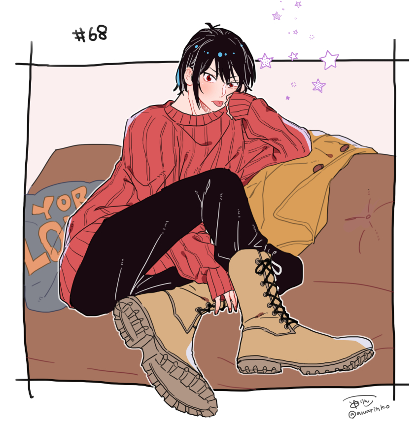 absurdres awarinko black_hair black_pants boots brown_boots brown_coat closed_mouth coat cosplay couch highres lace-up_boots long_sleeves looking_at_viewer on_couch pants puffy_long_sleeves puffy_sleeves red_eyes red_sweater ribbed_sweater shoe_soles signature sleeves_past_wrists spy_x_family star_(symbol) sweater tongue tongue_out twitter_username unworn_coat yor_briar yor_briar_(cosplay) yuri_briar
