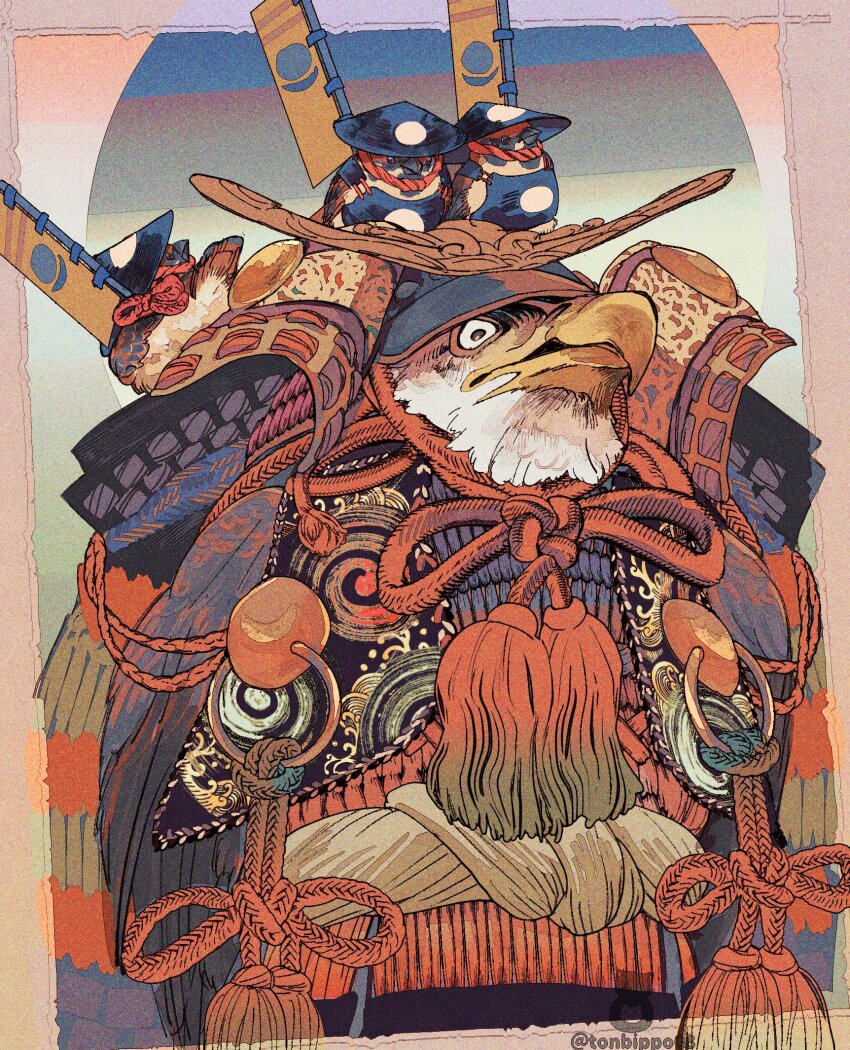 animal animal_focus animal_on_head animal_on_shoulder armor banner beak bird bird_on_head bird_on_shoulder border brown_border chinese_knot clothed_animal commentary_request eagle finch hat helmet highres japanese_armor jingasa kabuto_(helmet) looking_at_viewer no_humans on_head original outside_border rope size_difference tassel tonbippo08 twitter_username upper_body