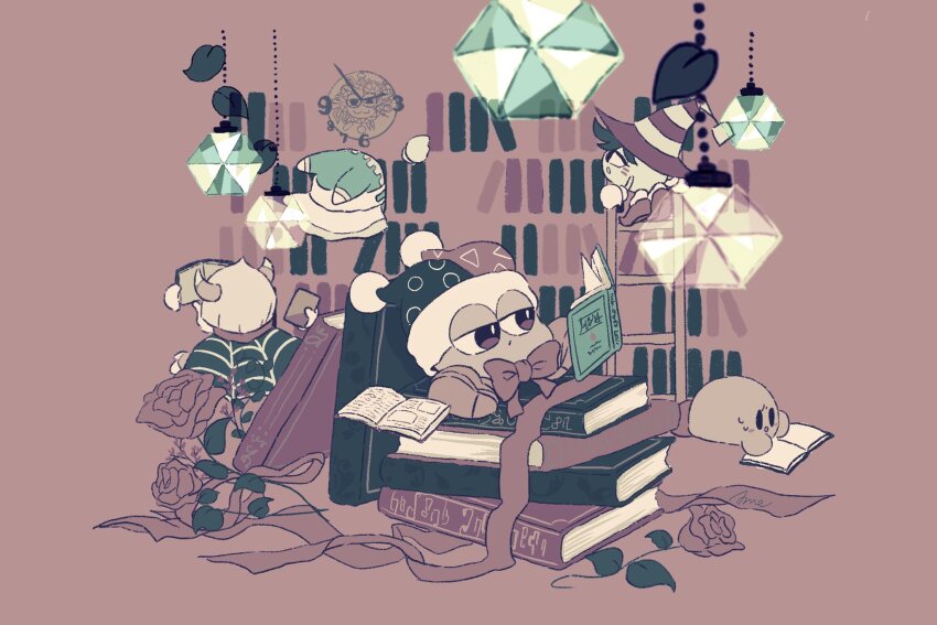 ahoge analog_clock animal_ears belt belt_collar black_eyes blue_belt blue_headwear blue_hood blunt_ends blush_stickers book book_stack bookshelf boots bow bowtie brown_footwear cape clock collar commentary cube_hat_ornament disembodied_hand english_commentary extra_hands eyelashes flat_color flower from_behind from_side fur-trimmed_headwear fur_trim gear_print gloves green_cape green_hair gryll_(kirby) half-closed_eyes hat highres horns jester_cap kirby kirby_(series) ladder leaf library limited_palette lying magolor marking_on_cheek marx_(kirby) nervous_smile nintendo no_humans on_stomach open_book parasoruoishii pointy_footwear polka_dot_headwear pom_pom_(clothes) purple_eyes purple_headwear rayman_limbs reading red_background red_bow red_bowtie red_flower red_footwear red_headwear red_ribbon red_rose red_scarf ribbon rose scarf short_hair simple_background sitting smile socks solid_oval_eyes spider_web_print striped_clothes striped_headwear sweatdrop taranza telekinesis triangle_print two-tone_headwear very_short_hair white_cape white_gloves white_hair white_scarf white_socks witch_hat yellow_headwear yellow_horns