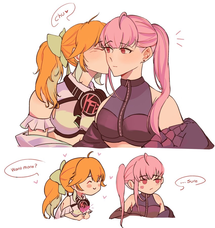 2girls ^_^ ahoge amlichan bare_shoulders blush blush_stickers breasts closed_eyes closed_mouth crop_top earrings english_text eyelashes green_ribbon hair_ribbon heart highres hololive hololive_english jacket jewelry kiss kissing_cheek long_hair midriff mori_calliope multiple_girls off_shoulder orange_hair pink_eyes pink_hair ponytail ribbon short_sleeves simple_background smile speech_bubble spoken_heart takanashi_kiara undercut virtual_youtuber white_background yuri