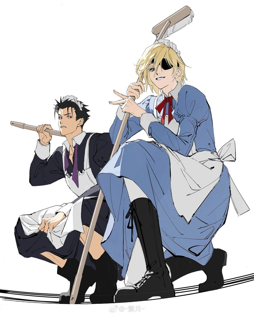 2boys absurdres alternate_costume apron back_bow black_footwear black_hair blonde_hair blue_dress blue_eyes boots bow chinese_commentary commentary_request crossdressing crossdressing_(mtf) dress enmaided eyepatch fai_d._flowright from_below full_body grin highres holding holding_mop inward_v juliet_sleeves kurogane_(tsubasa_chronicle) long_dress long_sleeves looking_at_viewer maid maid_headdress male_focus male_maid mop multiple_boys neck_ribbon necktie on_one_knee one_eye_covered puffy_sleeves purple_necktie red_eyes red_ribbon ribbon short_hair simple_background sleeve_cuffs smile squatting tiptoes tsubasa_chronicle unamused undone_neck_ribbon v v-shaped_eyebrows very_short_hair watermark weibo_watermark white_apron white_background yuefanfan