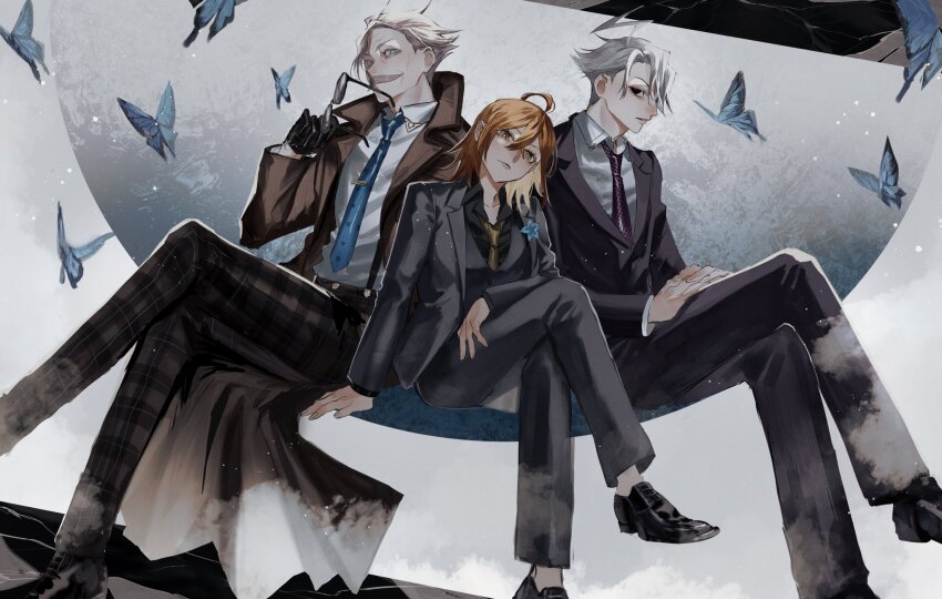 1girl 2boys ahoge black_eyes black_footwear black_jacket black_pants blue_eyes blue_necktie brown_coat brown_pants bug butterfly coat collared_shirt commentary crossed_legs facial_hair fate/grand_order fate_(series) fujimaru_ritsuka_(female) grey_hair highres holding holding_removed_eyewear insect jacket james_moriarty_(archer)_(fate) james_moriarty_(chaldea_special_investigation_unit)_(fate) james_moriarty_(ruler)_(fate) medium_hair moon multiple_boys mustache necktie open_clothes open_coat open_jacket ou_syoku7 pants plaid_clothes plaid_pants red_necktie shirt short_hair suit_jacket suspenders symbol-only_commentary tie_clip unworn_eyewear white_shirt yellow_necktie
