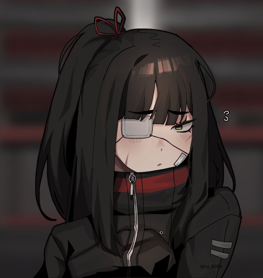 1girl black_hair black_jacket eyepatch green_eyes hair_ribbon half_updo highres jacket library_of_ruina long_hair long_sleeves looking_at_viewer medical_eyepatch ny_000a project_moon red_ribbon ribbon shi_association_south_uniform sidelocks solo tenma_(project_moon)