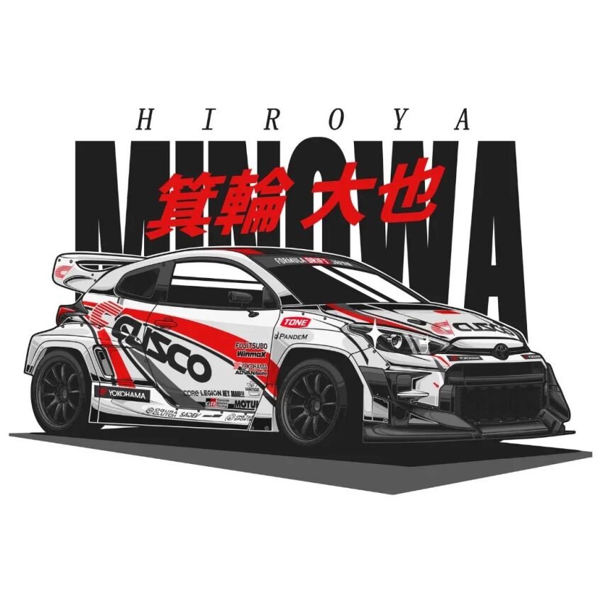 car commentary english_commentary formula_drift lanangap motor_vehicle no_humans race_vehicle racecar sparkle spoiler_(automobile) sponsor stance_(vehicle) toyota toyota_gr_yaris toyota_yaris vehicle_focus white_background yokohama_tire