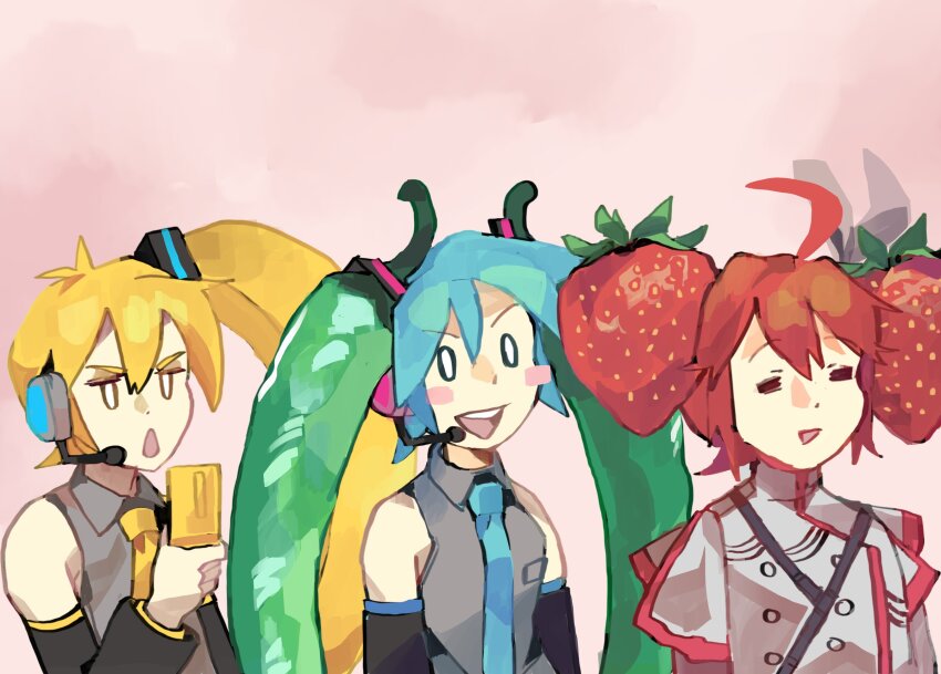 3girls =_= ahoge akita_neru aqua_hair banana banana_hair_ornament bare_shoulders black_sleeves blonde_hair blue_necktie blue_trim blush_stickers buttons cellphone chili_pepper collared_jacket collared_shirt damy_ql detached_sleeves double-breasted flip_phone food food-themed_hair_ornament fruit green_pepper grey_shirt hair_between_eyes hair_ornament hatsune_miku headset highres jacket kasane_teto kasane_teto_(sv) leaf long_sleeves multiple_girls necktie open_mouth phone pink_background shirt shoulder_belt sleeveless sleeveless_shirt smile spanish_commentary strawberry strawberry_hair_ornament synthesizer_v teeth triple_baka_(vocaloid) upper_body upper_teeth_only utau v-shaped_eyebrows vocaloid wing_collar yellow_necktie