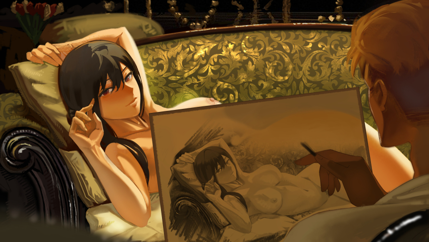 1boy 1girl arms_up aroused black_hair blonde_hair blush breasts charcoal_(medium) collarbone completely_nude couch curvy drawing groin hair_between_eyes head_on_pillow highres husband_and_wife large_breasts light_smile long_bangs long_hair looking_at_viewer lying model modeling narrow_waist navel nipples nude on_couch on_side pale_skin pillow red_eyes seductive_smile smile sogalus spy_x_family stomach thick_thighs thighs titanic_(movie) twilight_(spy_x_family) wide_hips yor_briar