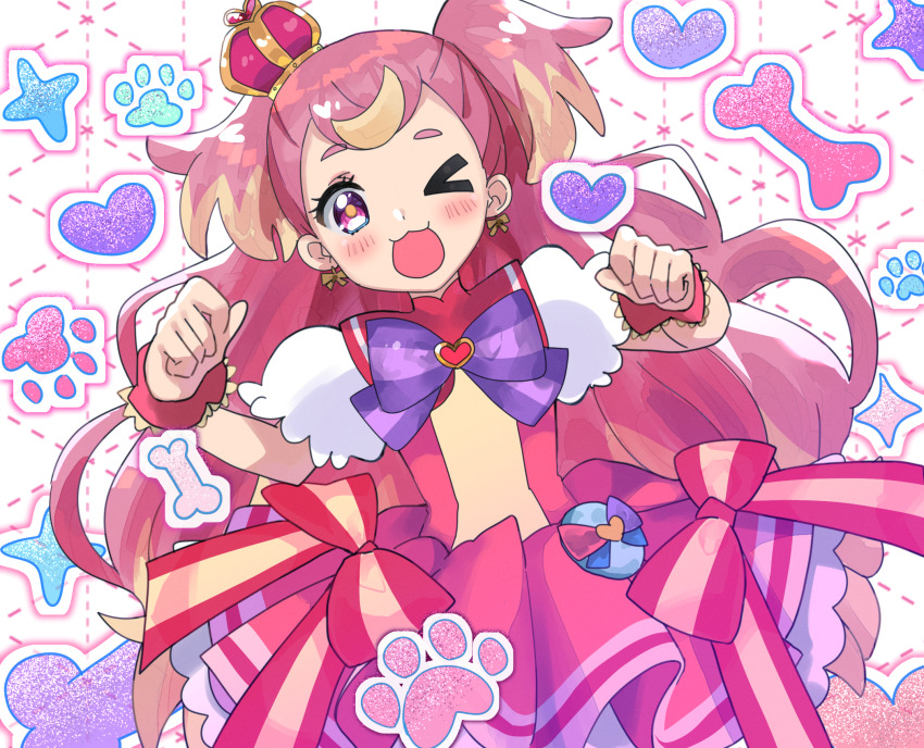 :3 :d arched_crown blonde_streaks bow brooch cartoon_bone commentary crown cure_wonderful dot_nose dress dress_bow frilled_dress frills heart heart_brooch highres inukai_komugi jewelry mewly mini_crown multicolored_hair one_eye_closed open_mouth patterned_background paw_pose paw_print pink_crown pink_dress pink_eyes pink_hair pink_wrist_cuffs precure puffy_short_sleeves puffy_sleeves short_sleeves smile sparkle streaked_hair two-tone_hair two_side_up white_sleeves wonderful_precure! wrist_cuffs