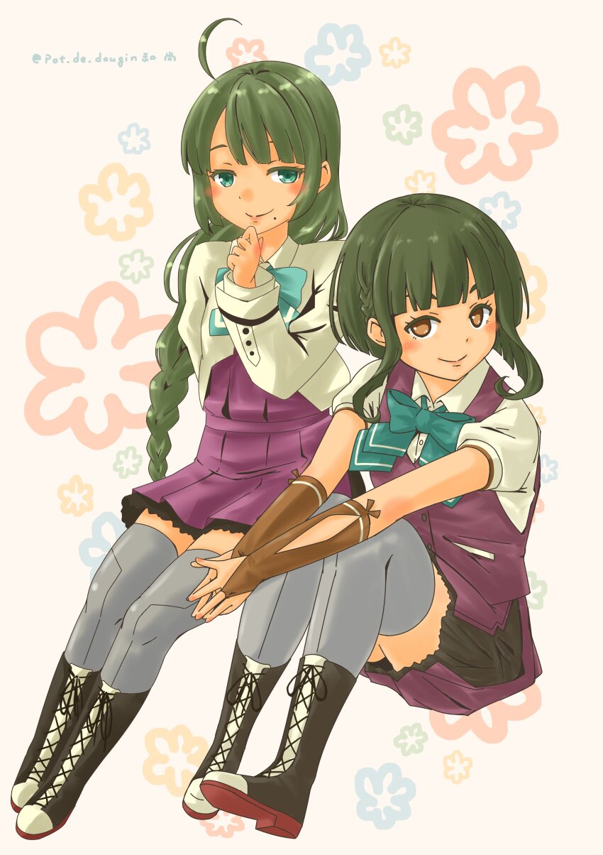 1girl absurdres ahoge aqua_bow aqua_bowtie blue_bow blue_bowtie blue_eyes bob_cut bow bowtie braid breasts brown_eyes dress gradient_background green_hair grey_thighhighs halter_dress halterneck highres jacket kantai_collection long_hair mole mole_under_mouth pink_background pleated_skirt pot-de purple_skirt purple_vest school_uniform shirt short_hair_with_long_locks short_sleeves side_braids sidelocks single_braid skirt small_breasts smile solo takanami_(kancolle) takanami_kai_ni_(kancolle) thighhighs unworn_vest very_long_hair vest wavy_hair white_shirt yuugumo_(kancolle) yuugumo_kai_ni_(kancolle)