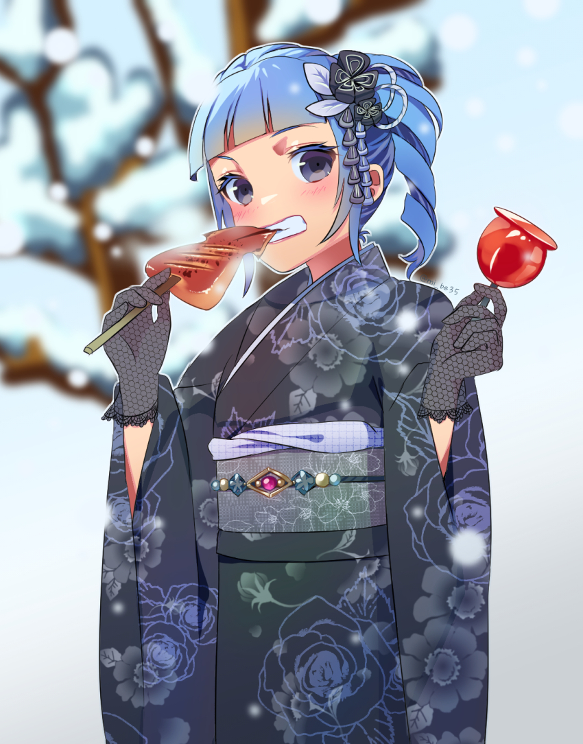 1girl alternate_costume ange_serena bare_tree blue_eyes blue_hair blunt_bangs blurry blush candy_apple drill_hair eating floral_print floral_print_kimono flower food furisode gloves hair_flower hair_ornament high_ponytail highres holding holding_food ikayaki japanese_clothes kimono lace lace_gloves looking_at_viewer mi_be35_(mirin) multiple_girls ponytail print_kimono short_hair smile snowing solo tales_of_(series) tales_of_innocence tree