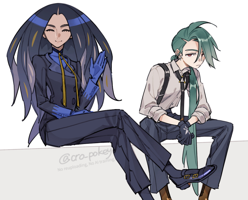 2girls ^_^ black_gloves black_hair black_jacket black_necktie black_pants black_shoes blue_gloves buttons closed_eyes double-breasted ear_piercing facing_viewer geeta_(pokemon) gloves green_hair hand_up jacket long_hair looking_at_viewer multiple_girls necktie nintendo pants piercing pokemon pokemon_sv red_eyes rika_(pokemon) shirt shoes shougo-akira simple_background sitting smile suspenders swept_bangs twitter_username white_background white_shirt