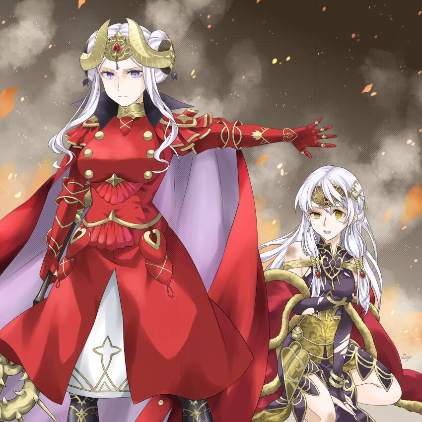 2girls axe aymr_(fire_emblem) black_dress bridal_gauntlets bruise cape circlet coat commission defeat double_bun dress edelgard_von_hresvelg edelgard_von_hresvelg_(timeskip) fire_emblem fire_emblem:_radiant_dawn fire_emblem:_three_houses gauntlets gloves grey_hair hair_bun hair_ornament highres holding holding_axe horn_ornament horns injury kneeling long_hair micaiah_(fire_emblem) micaiah_(radiant_queen)_(fire_emblem) midori_no_baku multiple_girls nintendo pixiv_commission purple_eyes red_cape red_coat serious side_slit sleeveless sleeveless_dress smoke standing tiara torn_clothes torn_dress torn_gloves turtleneck turtleneck_dress white_hair yellow_eyes