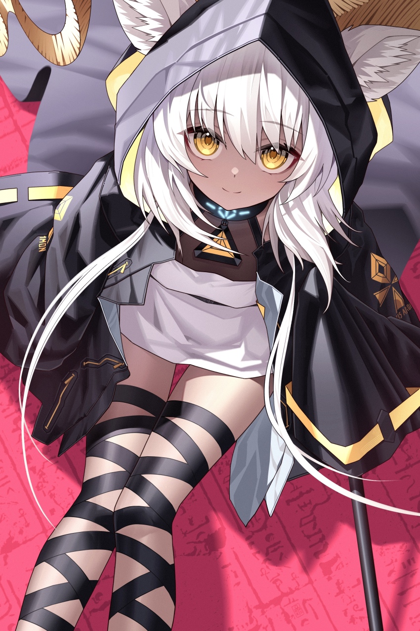1girl absurdres animal_ear_fluff animal_ears arknights beeswax_(arknights) black_jacket brown_eyes closed_mouth commentary_request dark-skinned_female dark_skin dress ears_through_headwear feet_out_of_frame from_above hair_between_eyes highres hood hood_up hooded_jacket horns horns_through_headwear jacket looking_at_viewer looking_up open_clothes open_jacket sitting smile solo white_dress white_hair zhengqi_zhizi_sg
