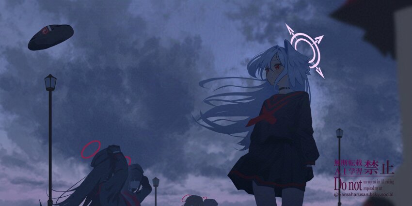 5girls absurdres alternate_costume black_gloves black_hair black_hat black_shirt black_skirt blue_archive closed_mouth cloud cloudy_sky faceless faceless_female gloves halo hat head_wings highres justice_task_force_member_(blue_archive) long_hair looking_ahead multiple_girls neckerchief necktie pleated_skirt purple_halo red_eyes red_halo red_neckerchief red_necktie shirt single_wing skirt sky suzumi_(blue_archive) white_wings wings yamaharu_(xxzf7284)