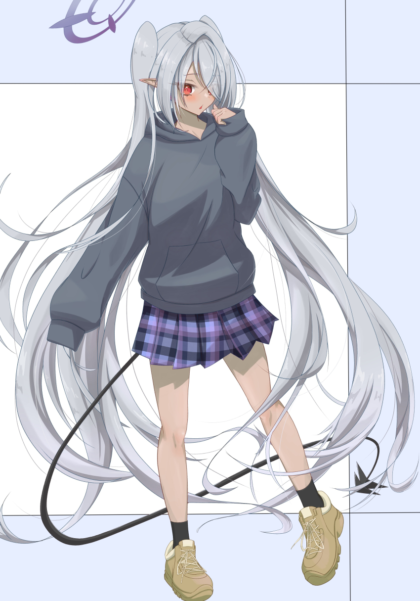 1girl absurdly_long_hair absurdres alternate_costume black_socks blue_archive blush bright_pupils brown_shoes casual clenched_hand commentary_request cross-laced_shoes dark-skinned_female dark_skin demon_girl demon_tail eyelashes eyes_visible_through_hair full_body grey_hair grey_hoodie hair_over_one_eye halo hand_up highres hood hood_down hoodie iori_(blue_archive) kimagurain long_bangs long_hair looking_down miniskirt open_mouth partial_commentary plaid_clothes plaid_skirt pleated_skirt pointy_ears purple_halo purple_skirt red_eyes shoes simple_background skirt sleeves_past_fingers sleeves_past_wrists sneakers socks solo standing story_in_commentary tail twintails very_long_hair white_background