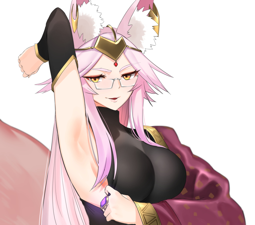 1girl absurdres animal_ear_fluff animal_ears arm_behind_head arm_up armpits blush breasts circlet clothes_pull detached_sleeves earrings fate/grand_order fate_(series) female_focus fox_ears fox_girl fox_tail glasses highres indian_clothes jewelry koyanskaya_(fate) koyanskaya_(indian_lostbelt_outfit)_(fate) large_breasts long_hair looking_at_viewer parted_bangs parted_lips pink_hair presenting_armpit ring saru_(pixiv13751598) shirt_pull sidelocks sleeveless smile solo tail white_background yellow_eyes