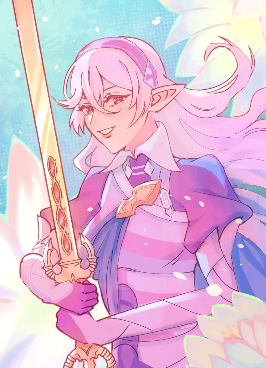 1girl armor artist_name astrakamii black_hairband blush commentary female_corrin_(fire_emblem) english_commentary fire_emblem fire_emblem_fates floating_hair grey_hair grin hair_between_eyes hairband highres holding holding_sword holding_weapon juliet_sleeves long_hair long_sleeves nintendo pointy_ears puffy_sleeves red_eyes smile solo sword twitter_username weapon yato_(fire_emblem)