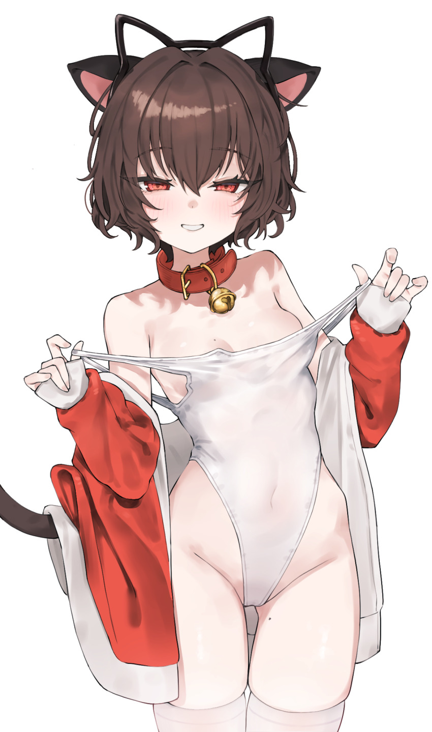 1girl animal_ears bare_shoulders bell breasts brown_hair cat_ears cat_girl cat_tail collar commission covered_navel cowboy_shot grin hairband hanakonenne highleg highleg_one-piece_swimsuit highres jacket jingle_bell loli long_sleeves looking_at_viewer mole mole_on_breast mole_on_thigh mole_under_eye off_shoulder one-piece_swimsuit open_clothes open_jacket original prunechi pulling_own_clothes red_collar red_eyes red_jacket revision short_hair simple_background skindentation small_breasts smile solo strap_pull swimsuit tail thighhighs thighs white_background white_one-piece_swimsuit white_thighhighs