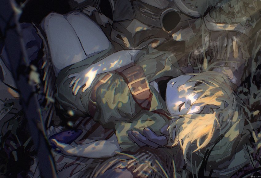 2boys arm_across_waist armor belt blonde_hair carrying carrying_person closed_eyes dele14375735 green_headwear green_tunic highres link male_focus multiple_boys nintendo parted_bangs short_hair short_sleeves shoulder_belt the_legend_of_zelda the_legend_of_zelda:_ocarina_of_time tunic