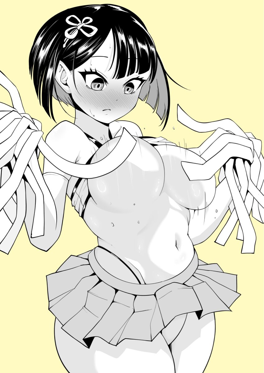 1kzkw blunt_bangs blush breasts cheerleader clothes_lift convenient_censoring elbow_gloves gloves hair_ornament highres large_breasts machida_reina monochrome motion_lines navel nue_no_onmyouji pom_pom_(cheerleading) short_hair skirt sweat