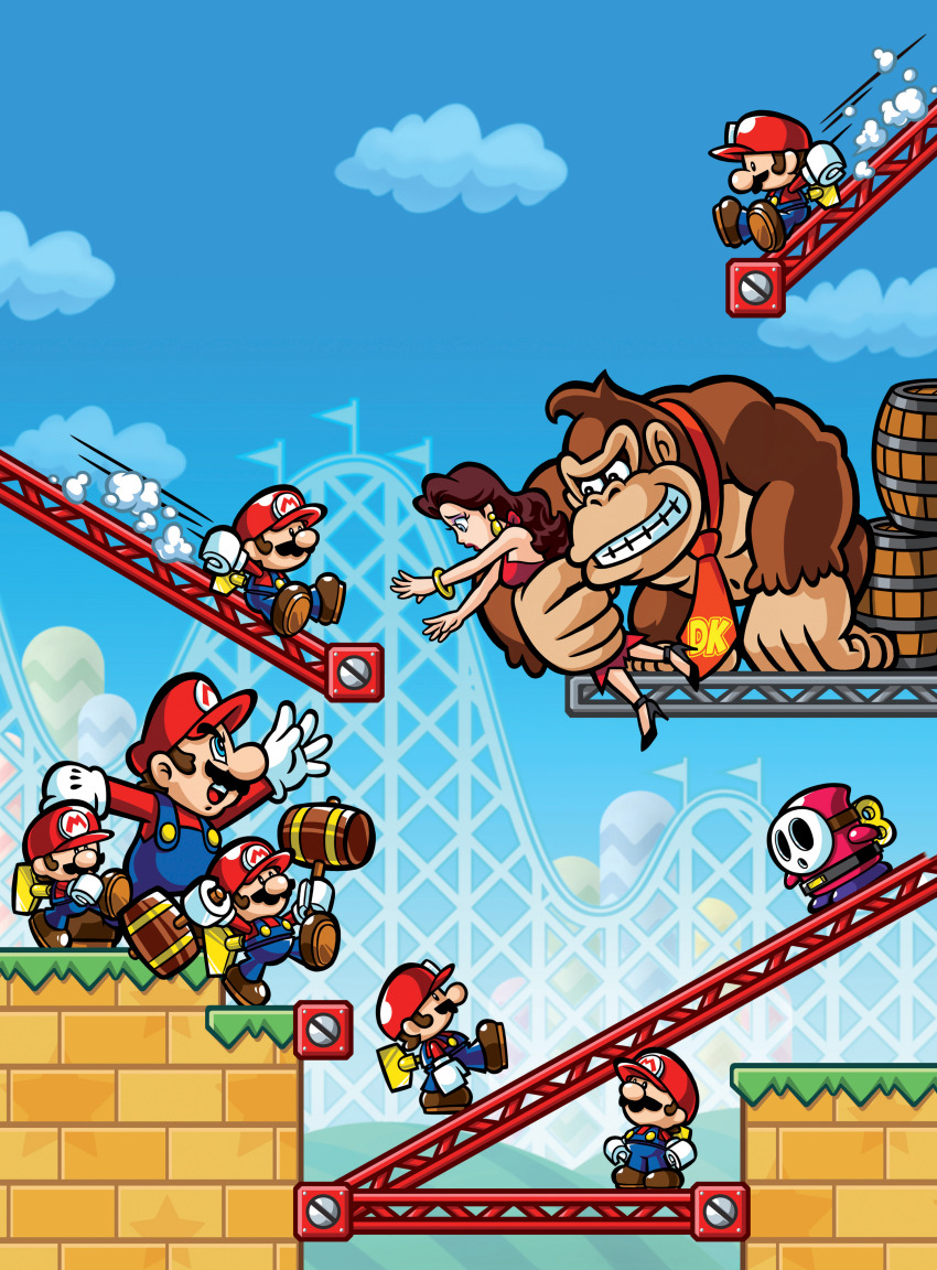 1girl 6+boys absurdres barrel black_footwear blue_eyes blue_overalls blue_sky boots bracelet brown_footwear brown_hair donkey_kong donkey_kong_(series) dress earrings facial_hair gloves hat high_heels highres jewelry long_hair mario mario_(series) mario_vs._donkey_kong mario_vs._donkey_kong:_mini-land_mayhem! mini_mario mini_shy_guy multiple_boys mustache necktie nintendo official_art outdoors overalls pauline_(mario) red_dress red_headwear red_necktie red_shirt shirt short_hair sky white_gloves