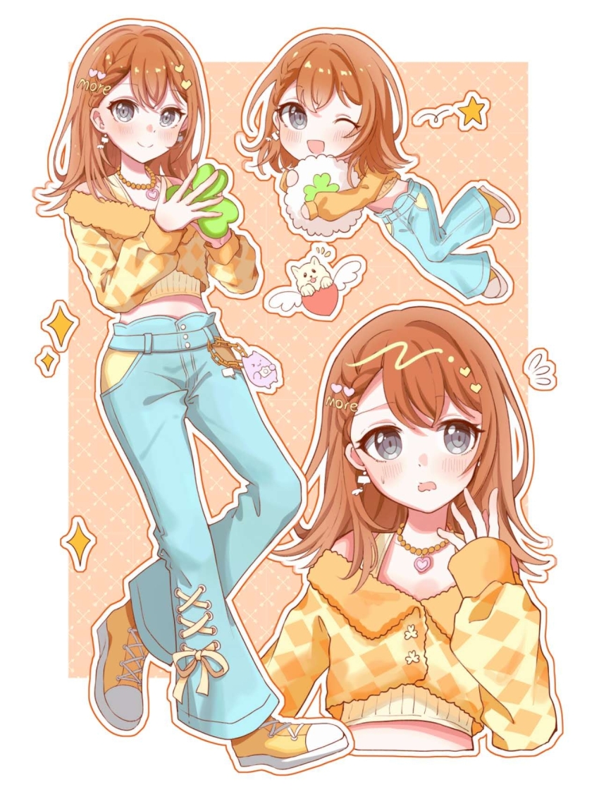 1girl ;d animal_charm bead_necklace beads blue_pants blush border braid brown_hair buttons chain checkered_clothes checkered_jacket closed_mouth clover colorful_festival_(project_sekai) commentary cropped_jacket cropped_torso cross-laced_pants denim dog double-parted_bangs earrings english_commentary flipped_hair fur_jacket grey_eyes hair_behind_ear hair_between_eyes hair_ornament hanasato_minori hand_up hands_up heart heart_hair_ornament heart_necklace highres holding holding_clover jacket jeans jewelry knees_together_feet_apart long_sleeves looking_at_viewer looking_to_the_side lulutmi medium_hair midriff multiple_views necklace official_alternate_costume one_eye_closed open_mouth orange_background orange_jacket orange_shoes outline outside_border pants patterned_background project_sekai shoelaces shoes simple_background single_braid sleeves_past_wrists smile sparkle standing star_(symbol) sweatdrop tank_top white_border white_outline yellow_tank_top
