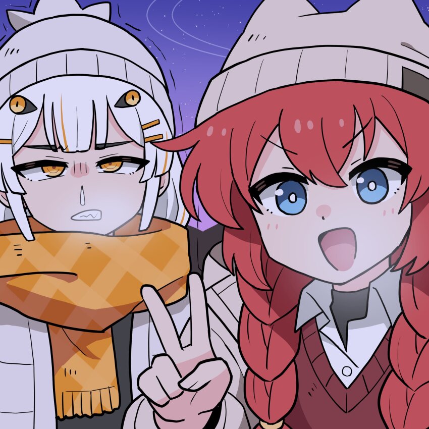 2girls :d beanie binah_(blue_archive) black_sweater blue_archive blue_eyes braid brown_hat brown_jacket clenched_teeth hair_ornament hand_up hat highres jacket long_sleeves maki_(blue_archive) maki_(camp)_(blue_archive) multiple_girls official_alternate_costume open_clothes open_jacket open_mouth orange_eyes orange_scarf personification purple_sky red_hair red_sweater_vest scarf sharp_teeth sky smile sweater sweater_vest teeth twin_braids v v-shaped_eyebrows washin white_hair white_hat white_jacket