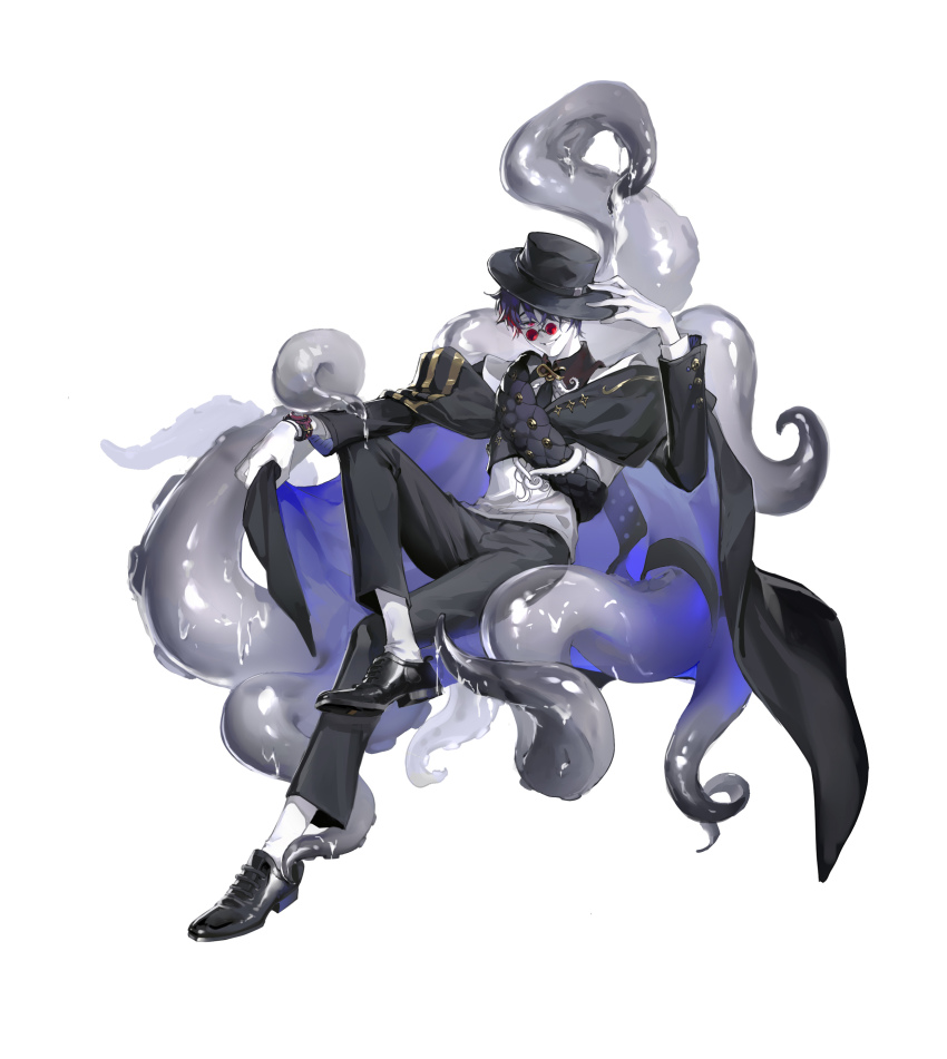 1boy absurdres alchemy_stars black_hat black_pants black_shoes blue_hair cape cape_hold chandler_(110016267) chinese_commentary collared_shirt commentary_request crossed_legs full_body glasses hand_on_headwear hat highres holding holding_unworn_cape holding_unworn_clothes invisible_chair kleken_(alchemy_stars) loafers long_sleeves looking_at_viewer male_focus necktie one_eye_covered pants pince-nez red-tinted_eyewear red_eyes sash shirt shoes short_hair sitting smile socks solo tentacles tinted_eyewear unworn_cape watch white_background white_shirt white_socks wristwatch