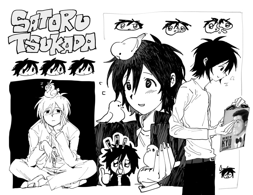 1boy 97ttwwaazz absurdres animal animal_on_head animal_on_shoulder bird bird_on_head bird_on_shoulder boxcutter commentary english_commentary gakuran greyscale highres male_focus monochrome multiple_views on_head randal&#039;s_friends record_jacket school_uniform short_hair stab tsukada_satoru vinyl_record