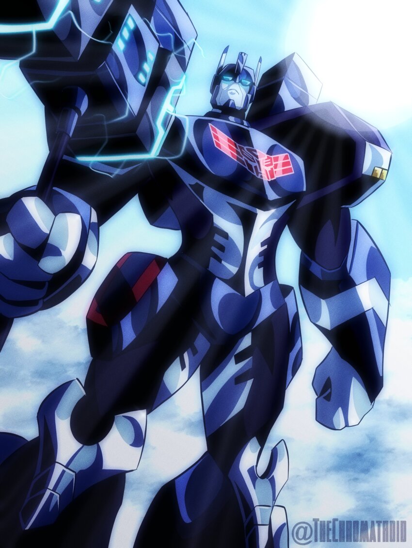 absurdres armor autobot emblem hammer helmet highres humanoid_robot insignia machine mecha mecha_focus robot science_fiction shoulder_armor solo thechromatroid transformers transformers_animated ultra_magnus war_hammer weapon