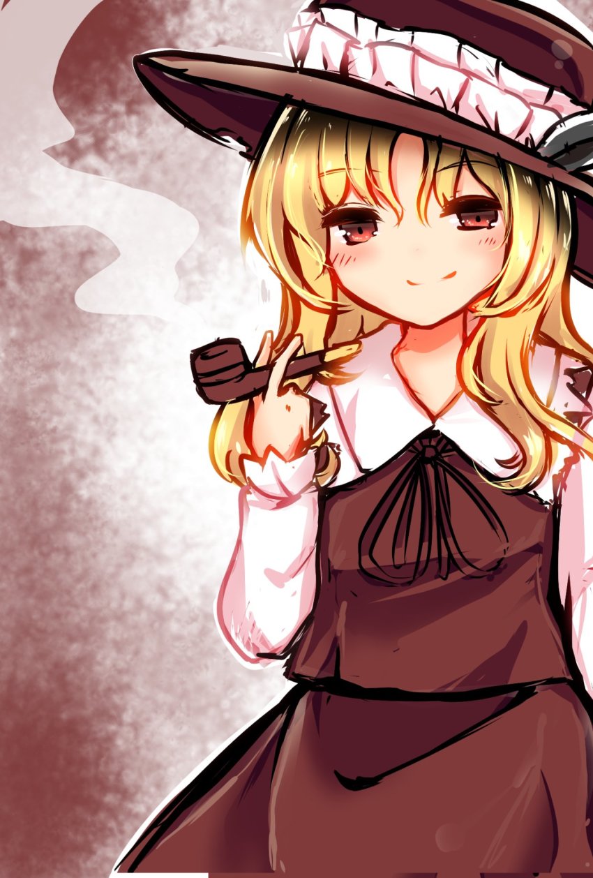 1girl blonde_hair blush brown_eyes brown_hat brown_neckwear brown_ribbon brown_skirt brown_vest collared_shirt extra frilled_hat frilled_shirt_collar frills hat hat_feather highres holding holding_smoking_pipe jacket_girl_(dipp) rapameri ribbon shirt skirt smile smoke smoking_pipe touhou vest wavy_hair