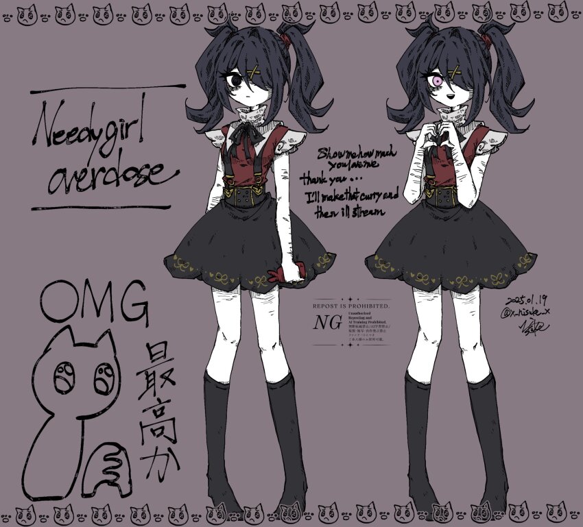1girl 2025 ame-chan_(needy_girl_overdose) black_boots black_eyes black_hair black_ribbon black_skirt black_suspenders boots cellphone closed_mouth commentary copyright_name dated english_commentary glowing glowing_eye grey_background hair_ornament hair_over_one_eye hatching_(texture) highres holding holding_phone long_hair looking_at_viewer needy_girl_overdose open_mouth phone pien_cat_(needy_girl_overdose) pink_eyes red_shirt ribbon sekai_yusuke self-harm_scar shirt signature simple_background skirt smartphone solo thighhighs twintails twitter_username white_thighhighs x_hair_ornament