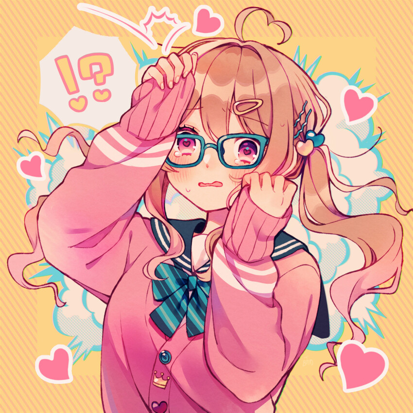 !? 1girl ahoge amagi_hana black_sailor_collar blush bow bowtie cardigan commentary_request glasses green-framed_eyewear green_bow green_bowtie hair_ornament hairclip hands_up heart heart_ahoge highres long_sleeves looking_at_viewer open_mouth original pink_cardigan pink_eyes sailor_collar school_uniform serafuku sleeves_past_fingers sleeves_past_wrists solo striped_background striped_bow sweat tears upper_body wavy_mouth yellow_background