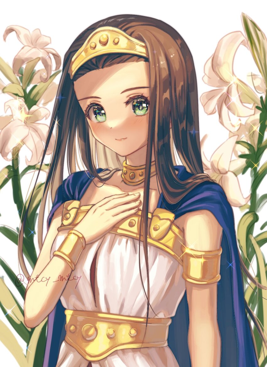 1girl artist_name blue_cape brown_hair cape closed_mouth commentary_request dragon_quest dragon_quest_viii dress eyelashes green_eyes highres light_smile long_hair looking_at_viewer macho_ojiji medea_(dq8) solo sparkle standing twitter_username white_background white_dress