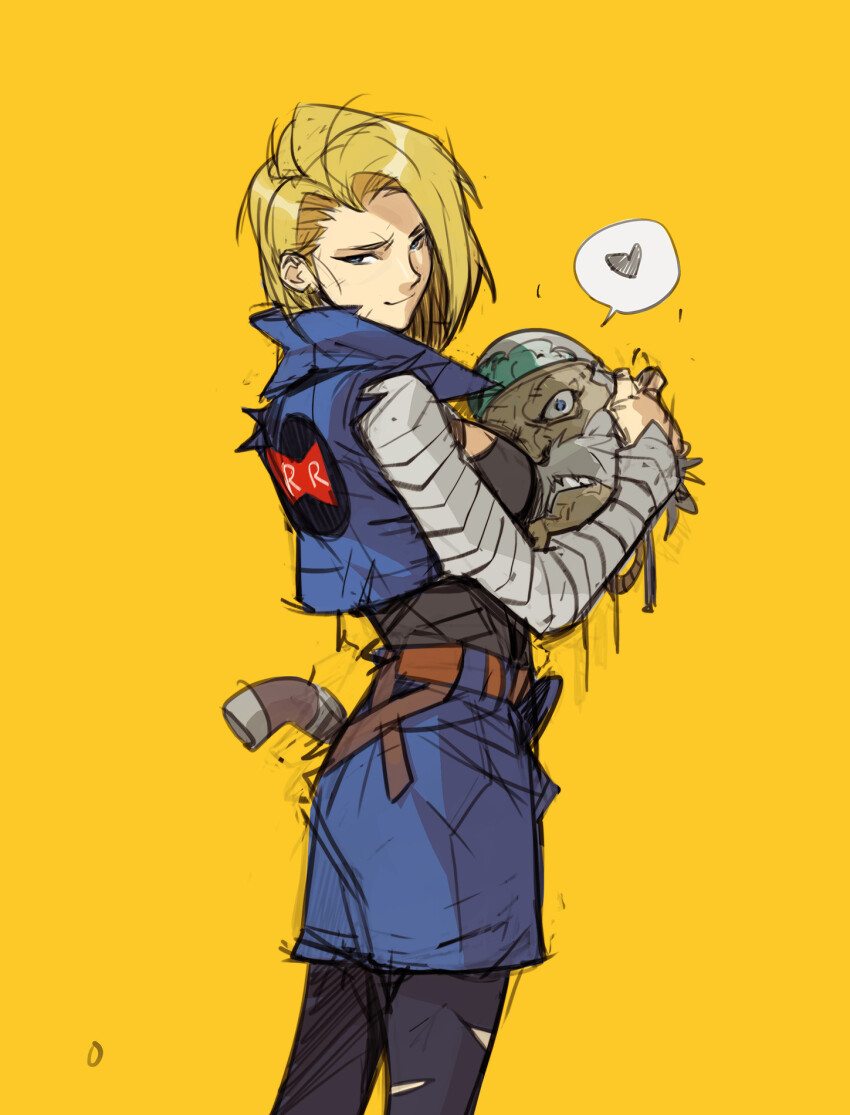 1girl android android_18 android_20 ass blonde_hair breasts decapitation dr._gero_(dragon_ball) dragon_ball dragonball_z facial_hair hicham_habchi highres holding medium_breasts mustache old old_man simple_background smile standing yellow_background