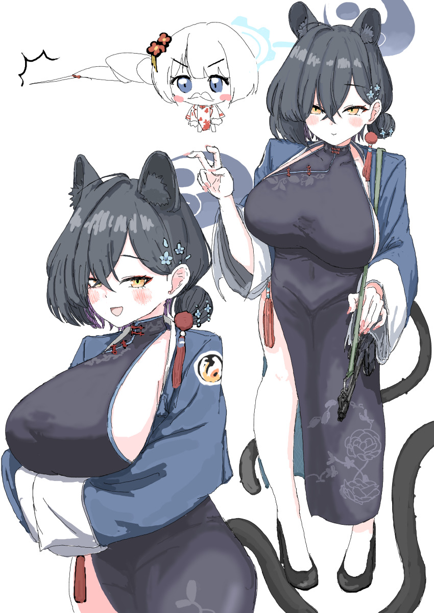 2girls absurdres animal_ear_fluff animal_ears black_dress black_footwear black_hair blue_archive blue_eyes blue_jacket cherino_(blue_archive) cherino_(qipao)_(blue_archive) china_dress chinese_clothes crossed_arms dress fake_facial_hair fake_mustache flower gun hair_between_eyes hair_bun hair_flower hair_ornament hands_in_opposite_sleeves highres jacket kaguya_(blue_archive) multiple_girls rifle submachine_gun tail type_79_smg v wagonuts weapon white_hair yellow_eyes