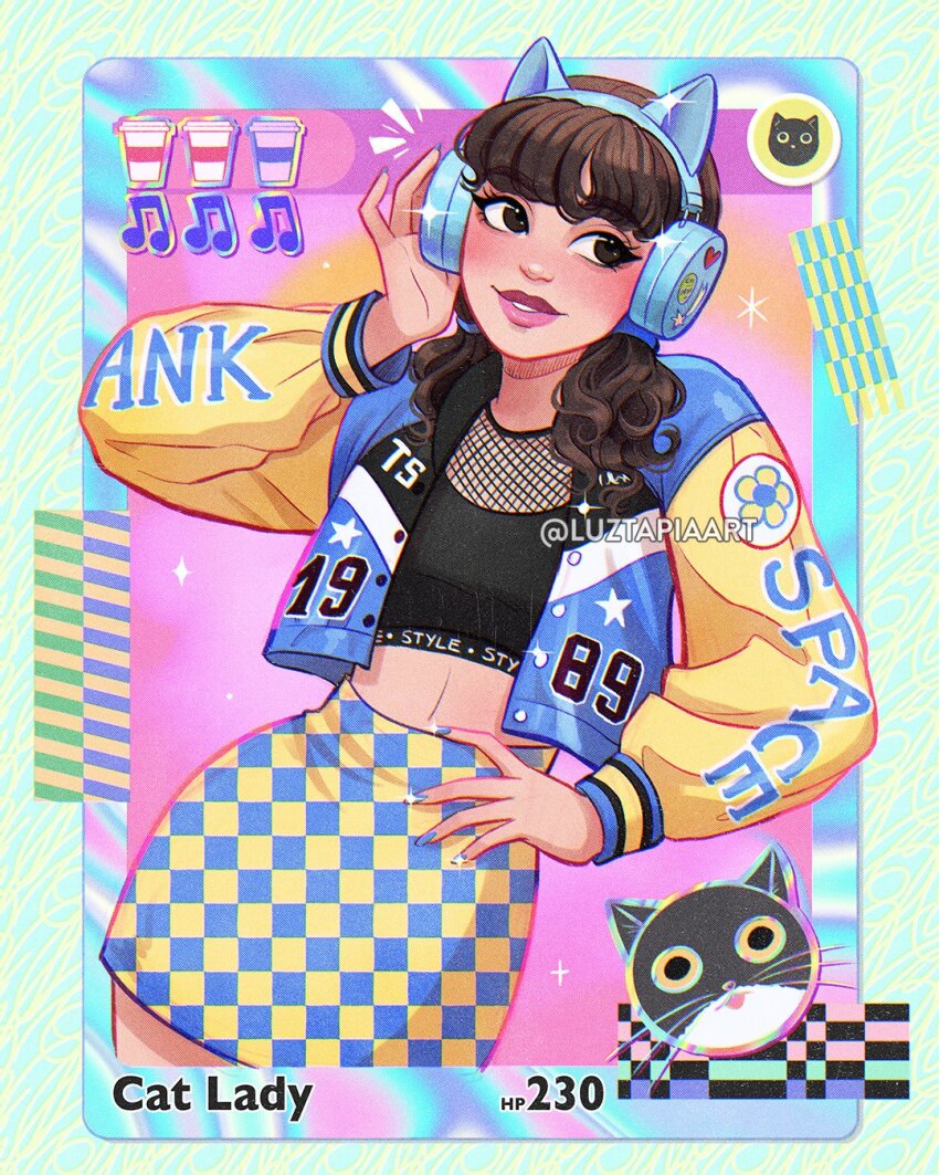 1girl animal_ear_headphones animal_ears artist_name black_shirt blue_jacket blue_skirt brown_eyes brown_hair cat_ear_headphones checkered_clothes checkered_skirt crop_top english_text fake_animal_ears hand_on_own_hip headphones highres jacket looking_to_the_side luztapiaart midriff open_clothes open_jacket original shirt skirt solo two-tone_skirt watermark yellow_skirt yellow_sleeves