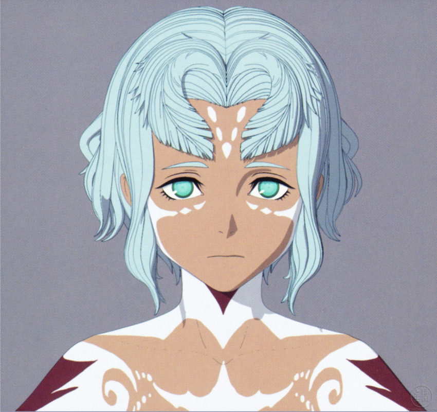 1girl antennae blue_hair bodypaint concept_art dark_skin godzilla:_city_on_the_edge_of_battle godzilla_(series) green_eyes highres houtua looking_at_viewer maina miana monster_girl nude official_art polygon_pictures tattoo toho tribal tribal_tattoo