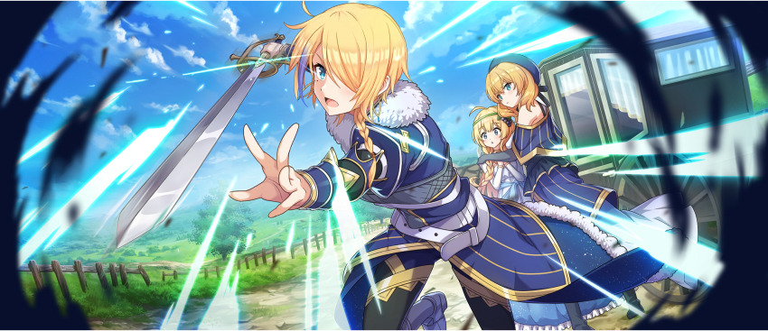 3girls :o ahoge armored_boots armpit_crease attack belt beret black_corset blonde_hair blue_capelet blue_coat blue_dress blue_eyes blue_hat blue_pants blue_sash blue_skirt blue_sky blue_streaks boots braid capelet carriage claire_(konosuba) cloud cloudy_sky coat corset day dirt_road dress earrings food-themed_hair_ornament fur-trimmed_coat fur_trim game_cg grape_hair_ornament grass green_hairband hair_between_eyes hair_ornament hair_over_one_eye hair_over_shoulder hairband hat highres holding holding_sword holding_weapon hoop_earrings iris_(konosuba) jewelry knight kono_subarashii_sekai_ni_shukufuku_wo! konosuba!_fantastic_days landscape leg_up long_coat long_dress long_hair looking_at_another medium_hair mole mole_under_eye multicolored_hair multiple_girls off-shoulder_capelet official_art open_mouth outdoors outstretched_arms own_hands_clasped own_hands_together pants parted_lips protecting rain_(konosuba) road sash serious short_hair side_braid skirt sky streaked_hair sword tree two-tone_hair v-shaped_eyebrows waist_sash weapon white_belt white_dress