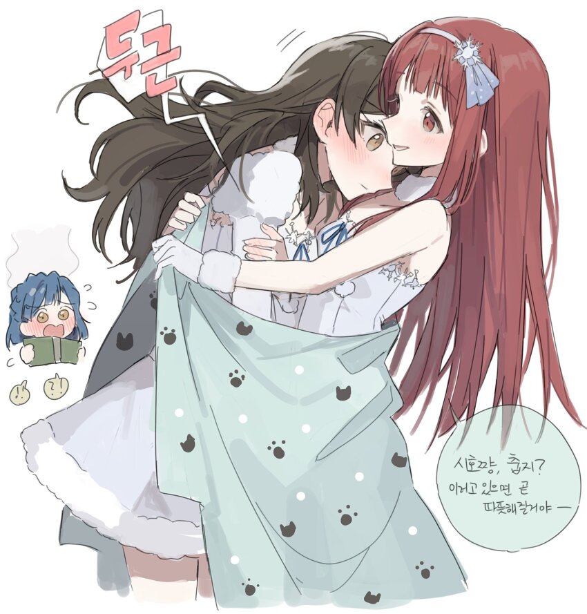 3girls blanket blue_hair brown_eyes brown_hair cropped_legs dress gloves hair_ornament hairband hano9789 highres hug idolmaster idolmaster_million_live! kitazawa_shiho korean_text long_hair multiple_girls nanao_yuriko red_eyes red_hair simple_background snowflake_hair_ornament snowflake_liliput_(idolmaster) speech_bubble standing tanaka_kotoha translation_request white_background white_dress white_gloves yuri