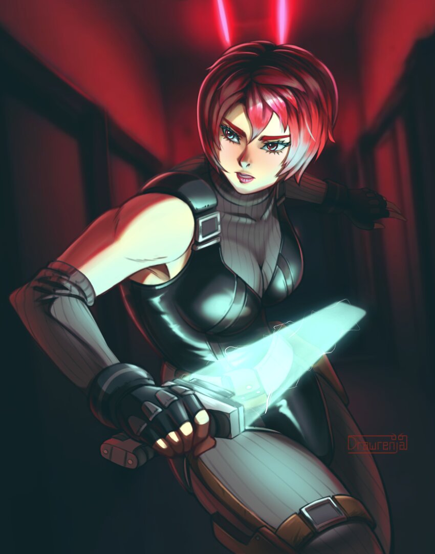 1girl absurdres artist_logo bare_shoulders belt black_gloves black_jacket breasts cleavage commentary covered_collarbone detached_sleeves dino_crisis drawrenja energy_sword english_commentary fingerless_gloves gloves grey_pants grey_sleeves hair_between_eyes highres holding holding_sword holding_weapon indoors jacket logo looking_to_the_side medium_breasts pants red_eyes red_hair red_lips regina_(dino_crisis) short_hair solo sword thigh_belt thigh_strap weapon