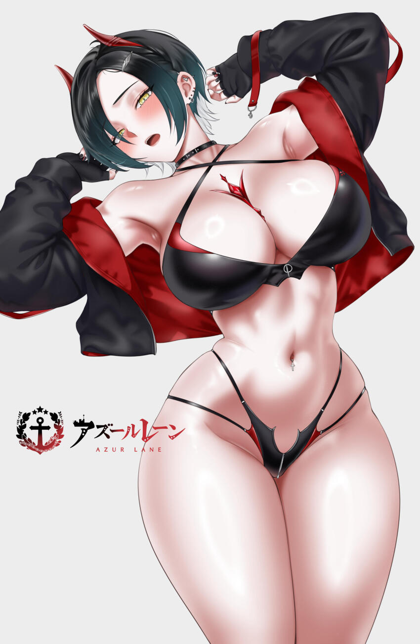1girl absurdres armpits arms_up azur_lane bare_shoulders beatheart bikini black_bikini black_choker black_gloves black_hair black_jacket black_nails breasts choker cleavage collarbone commentary_request criss-cross_halter cropped_jacket cross crotch_zipper ear_piercing fingerless_gloves gloves gradient_hair halterneck highres horns jacket large_breasts logo long_sleeves looking_at_viewer mechanical_horns multi-strapped_bikini_bottom multicolored_hair nail_polish navel navel_piercing off_shoulder official_alternate_costume open_mouth parted_bangs piercing presenting_armpit race_queen red_horns short_hair sidelocks simple_background skindentation slit_pupils solo standing stomach swimsuit teeth ulrich_von_hutten_(azur_lane) ulrich_von_hutten_(ignition_matrician)_(azur_lane) upper_teeth_only white_background white_hair yellow_eyes zipper_bikini