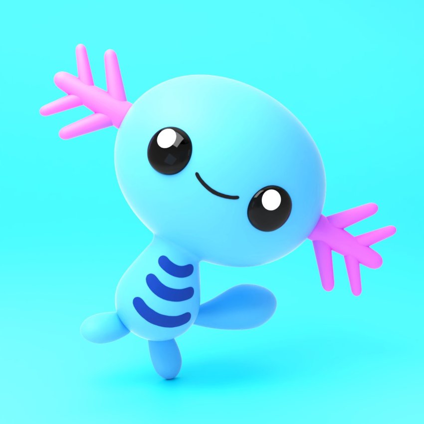 3d black_eyes blue_background closed_mouth commentary creatures_(company) english_commentary full_body game_freak gen_2_pokemon highres looking_at_viewer nintendo no_humans pokemon pokemon_(creature) puffcakerosie simple_background smile solo standing standing_on_one_leg wooper zbrush_(medium)