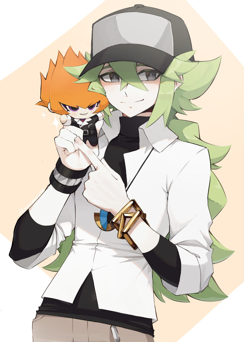 2boys black_hat black_jacket black_pants black_shirt bracelet brown_background character_doll chibi chibi_inset crossover doll double-parted_bangs dress_shirt facing_to_the_side gold_bracelet green_hair grey_eyes hair_slicked_back hat highres holding holding_doll jacket jewelry khaki_pants long_bangs long_hair looking_to_the_side male_focus multiple_boys n_(pokemon) necklace nintendo nuumigranate orange_hair pants partially_unbuttoned pointing pokemon pokemon_bw purple_eyes shirt shirt_under_shirt sleeves_rolled_up smile spiked_hair unbuttoned unbuttoned_shirt untucked_shirt vector_(yu-gi-oh!) white_shirt yu-gi-oh! yu-gi-oh!_zexal