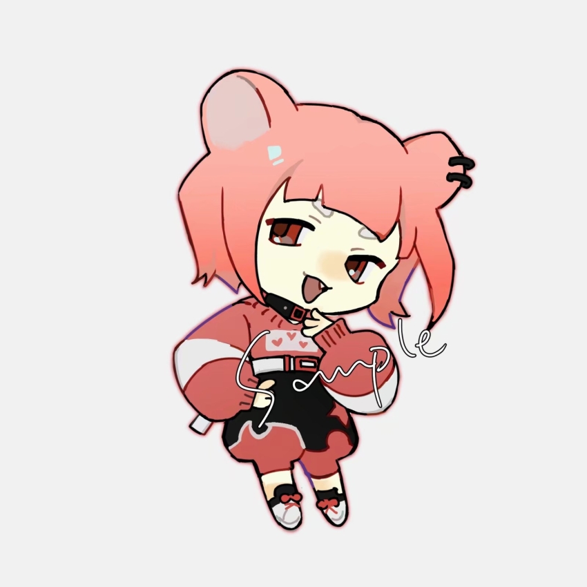 1girl animal_ear_piercing animal_ears belt_collar black_collar black_shorts chibi chibi_only chinese_commentary chuanhua collar commentary_request commission fang grey_background hand_on_own_chest highres long_sleeves open_mouth original pink_hair red_eyes red_sweater sample_watermark shoes short_hair shorts simple_background sleeves_past_wrists smile solo sweater watermark white_shoes
