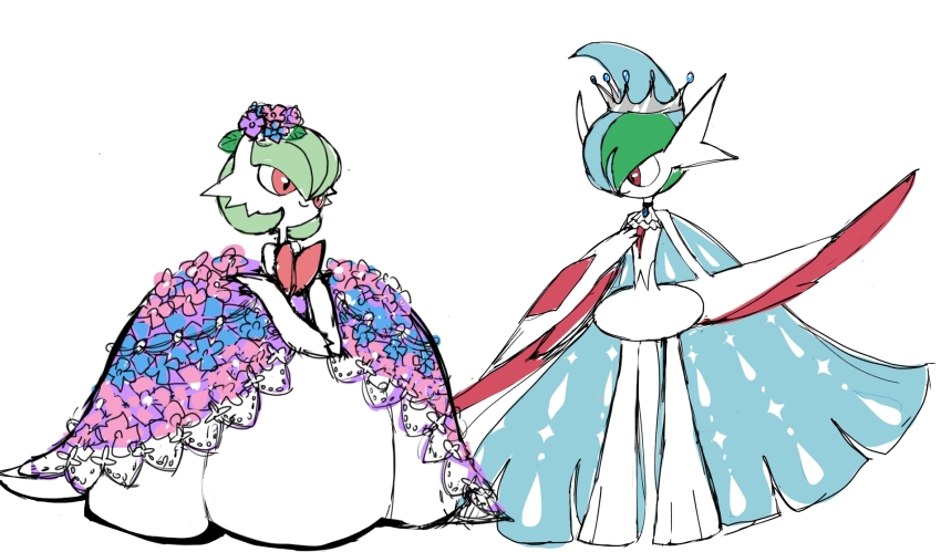1boy 1girl arm_behind_back arm_blade ascot blue_flower blue_hair bob_cut brooch closed_mouth clothed_pokemon colored_skin crown elbow_gloves eye_contact flat_color flower full_body gallade gardevoir gen_3_pokemon gen_4_pokemon gloves green_hair grey_crown hair_flower hair_ornament hair_over_one_eye hand_on_own_chest hand_up happy jewelry looking_at_another mega_gallade mega_gardevoir mega_pokemon mohawk monya multicolored_hair nintendo no_feet one_eye_covered own_hands_together pink_flower pokemon pokemon_(creature) red_eyes short_hair simple_background sketch smile standing two-tone_hair weapon white_ascot white_background white_gloves white_skin
