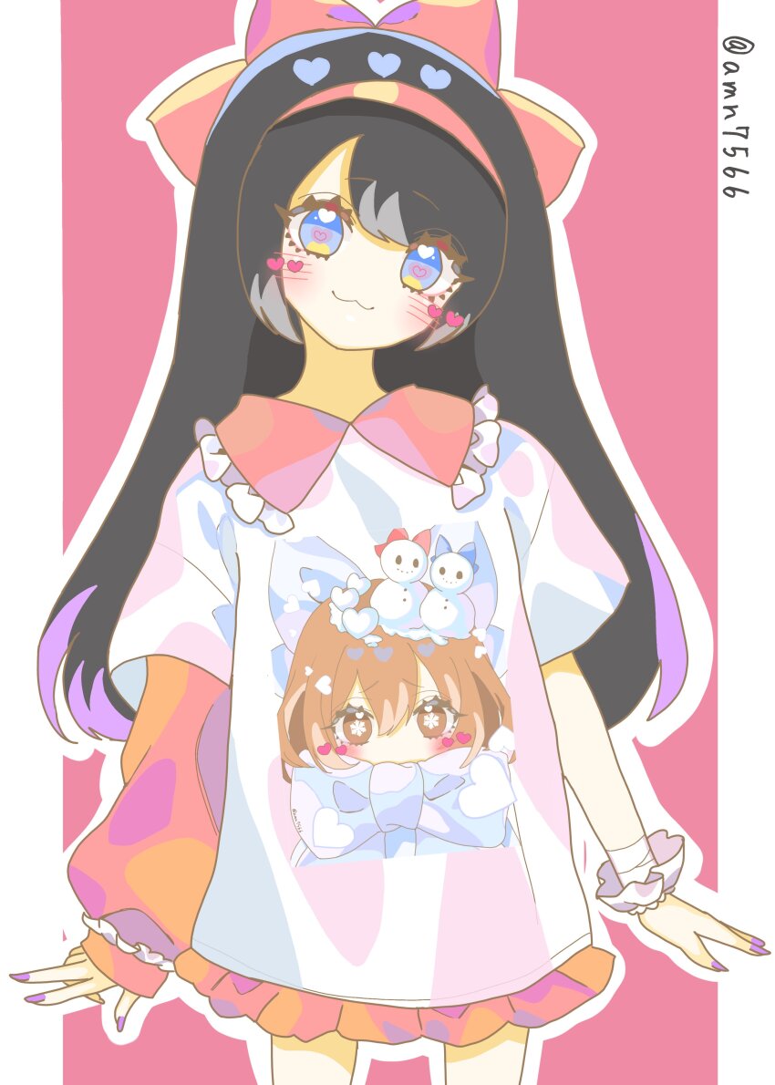 1girl absurdres artist_name black_hair brown_hair hair_ribbon heart heart-shaped_pupils highres legs long_hair looking_at_viewer nakoruru ribbon rimururu samurai_spirits shirt short_hair siblings sisters smile snk solo symbol-shaped_pupils thighs