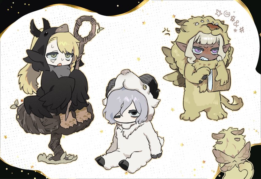 1girl 2boys animal_costume animal_hood bags_under_eyes black_eyes blonde_hair book chibi chibi_only cosplay dark-skinned_male dark_skin dungeon_meshi ear_covers elf gapamopa goat goat_(dungeon_meshi) green_eyes grey_hair highres holding holding_book holding_staff hood hood_up lion long_hair marcille_donato marcille_donato_(lord) mithrun multiple_boys onesie pointy_ears purple_eyes short_hair sidelocks staff thistle_(dungeon_meshi) white_hair winged_lion_(dungeon_meshi) winged_lion_(dungeon_meshi)_(cosplay)