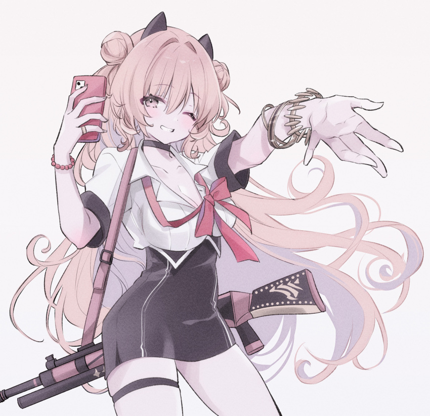 1girl assault_rifle black_choker black_skirt blue_archive blush breasts carbine cellphone choker cleavage collarbone collared_shirt cowboy_shot double_bun fake_horns grin gun h&amp;k_hk33 hair_bun highres holding holding_phone horns kirara_(blue_archive) kurun_(kurun777) large_breasts long_hair looking_at_viewer one_eye_closed phone pink_eyes pink_hair rifle shirt short-barreled_rifle short_sleeves simple_background skirt smartphone smile solo thigh_strap weapon white_background white_shirt