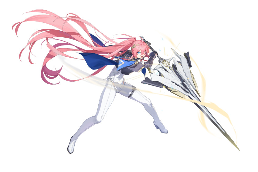 1girl ahoge aiguillette alpha_transparency argyle_cutout black_gloves blue_cape blue_eyes bodysuit bow cape cape_hold clothing_cutout commentary counter:side covered_navel cropped_jacket crossed_legs energy english_commentary epaulettes esterosa_de_chevalier floating_cape floating_hair full_body gloves gluteal_fold gold_trim hair_ornament hair_over_one_eye half_gloves head_tilt highres holding holding_sword holding_weapon long_hair looking_at_viewer official_alternate_hairstyle official_art open_mouth pink_hair ponytail purple_bow single_half_glove skindentation solo standing sword tachi-e thigh_strap transparent_background v-shaped_eyebrows very_long_hair watson_cross weapon white_bodysuit