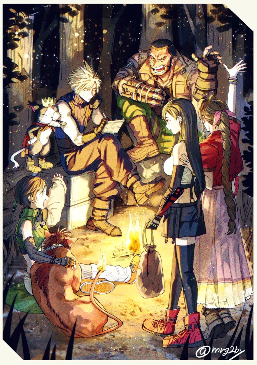 2boys 2others 3girls aerith_gainsborough arm_up armor asymmetrical_sleeves bag barret_wallace beard black_fur black_hair blonde_hair boots border box bracelet braid braided_ponytail breasts brown_hair brown_vest cait_sith_(final_fantasy) campfire camping cat closed_eyes closed_mouth cloud_strife commentary_request crop_top cropped_jacket cropped_sweater crown dark-skinned_male dark_skin dog_tags drawstring drawstring_bag dress earrings elbow_pads facial_hair final_fantasy final_fantasy_vii final_fantasy_vii_remake fingerless_gloves fire firewood flame-tipped_tail flamenco_dress forehead_protector forest gatling_gun gloves green_pants green_sweater hand_on_another&#039;s_back hand_on_own_chin highres holding holding_bag jacket jewelry large_breasts log long_dress long_hair low-tied_long_hair mini_crown mrg2by multiple_boys multiple_girls multiple_others nature on_box open_mouth orange_fur outdoors pants pink_dress prosthetic_weapon red_footwear red_jacket red_xiii shinra_infantry_uniform shirt short_hair shoulder_armor single_elbow_pad single_shoulder_pad sitting skirt sleeveless sleeveless_turtleneck sleeves_past_wrists spiked_hair standing suspender_skirt suspenders sweater tail tank_top taut_clothes taut_shirt teardrop_earrings thighhighs tifa_lockhart tiptoes torn_clothes torn_sleeves tree tri_drills turtleneck twitter_username two-tone_fur very_long_hair very_short_hair vest white_border white_tank_top wristband writing yuffie_kisaragi
